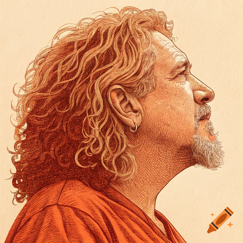 Profile portrait of a man with curly hair and beard in orange pointillist style.