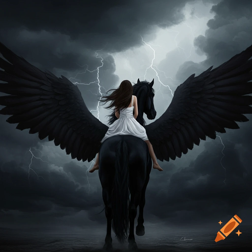 A woman in a white dress is shown riding a black Pegasus in a stormy sky with lightning.