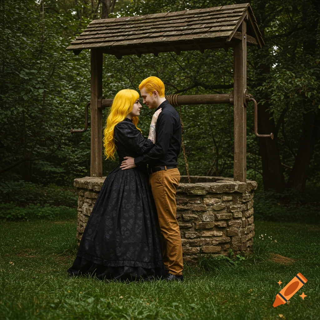 A couple with bright yellow hair stands near a stone well in a forest clearing.