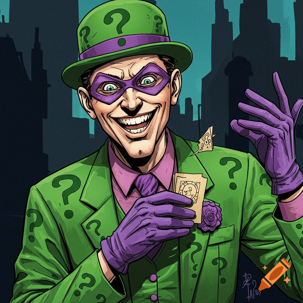 Illustration of the Riddler in a green suit and hat with question marks, purple mask and gloves, holding cards, against a city skyline.