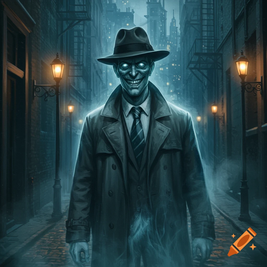 A creepy ghost mobster in a fedora and trench coat stands in a foggy alley at night.