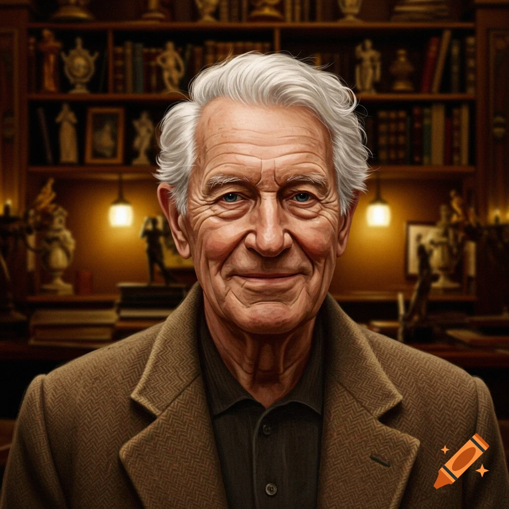 An old man in a brown jacket stands in a room with bookshelves.