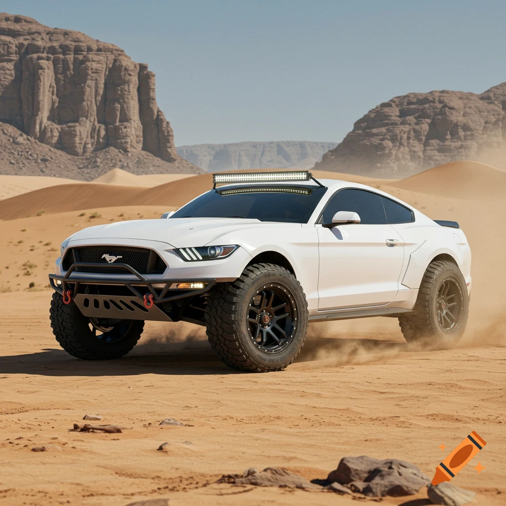 White off-road Ford Mustang driving through a sandy desert kicking up dust.