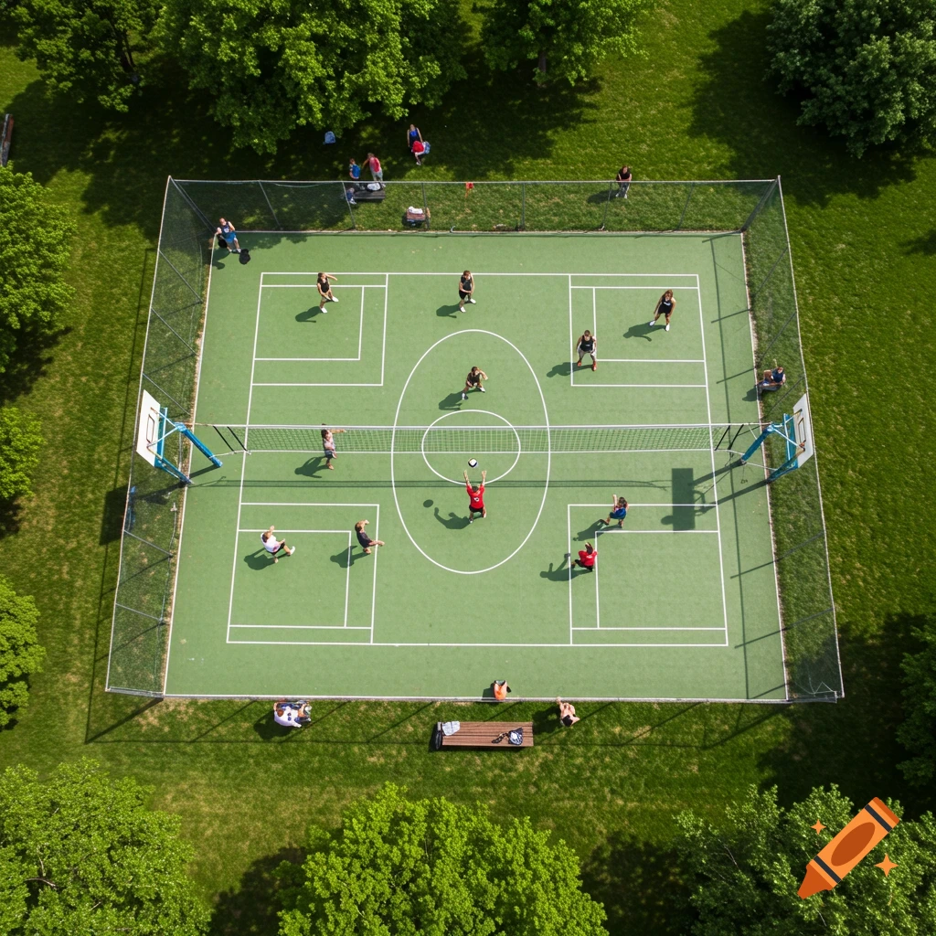 Aerial view of people playing volleyball on a multi-purpose court in a park.