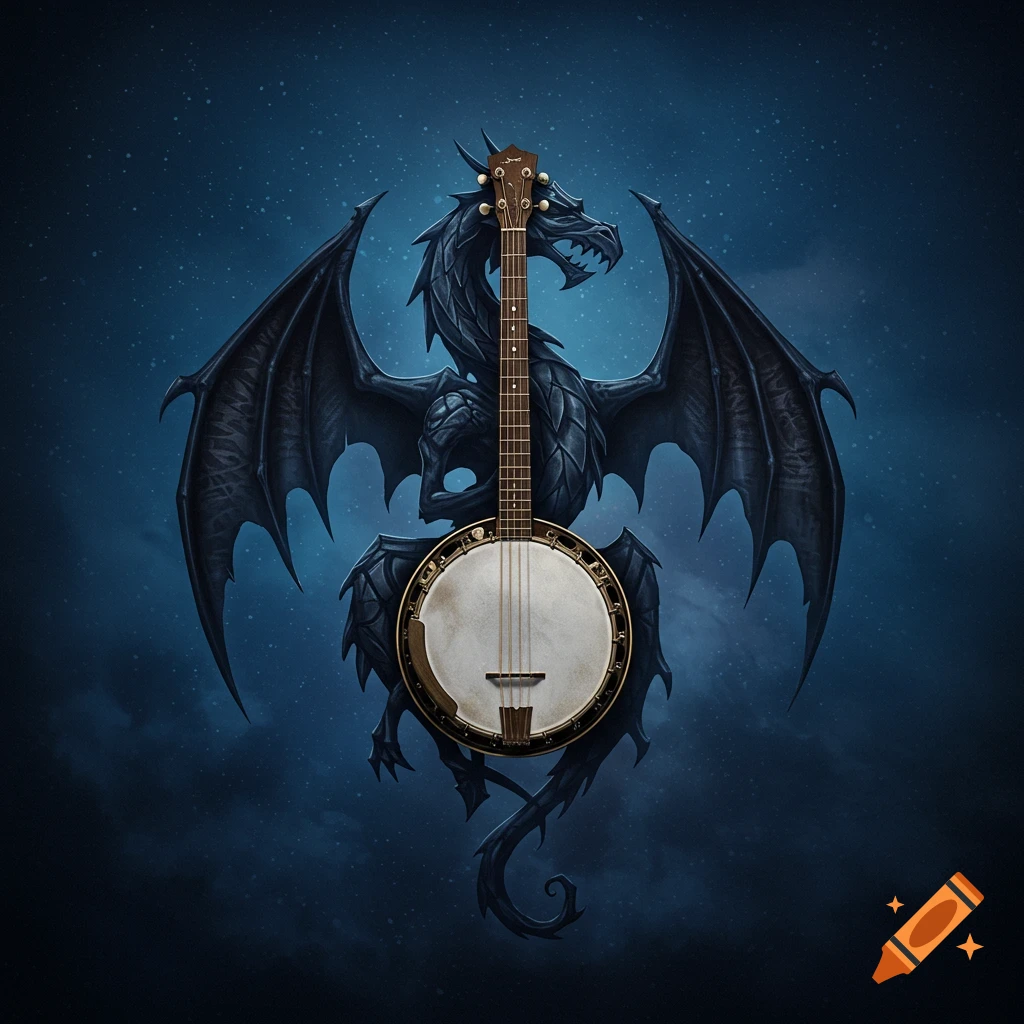 A black dragon with outstretched wings holds a banjo against a dark blue starry sky with clouds.