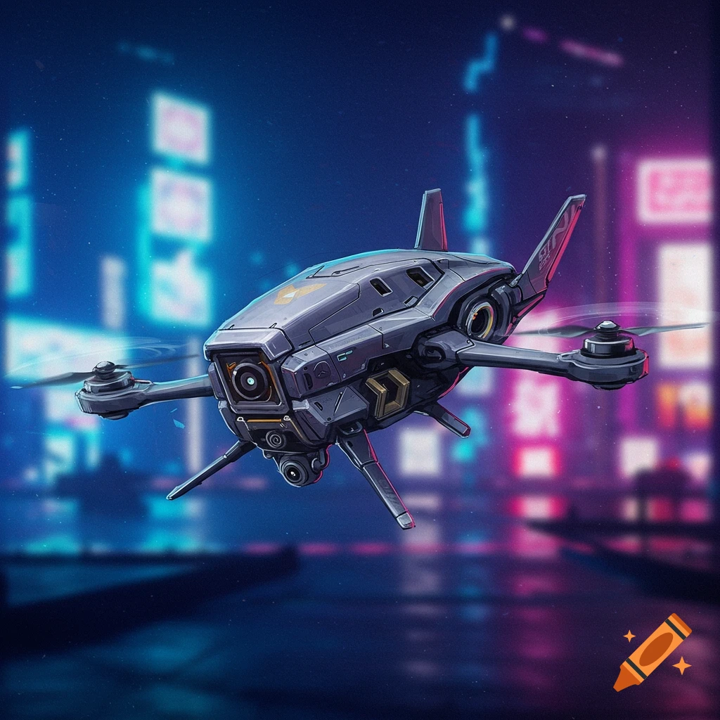 A futuristic drone hovers in a dark city with neon lights
