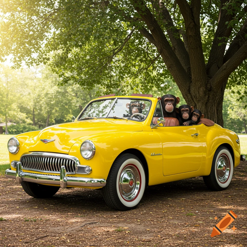 Chimpanzees riding in a yellow classic convertible car parked under a tree.