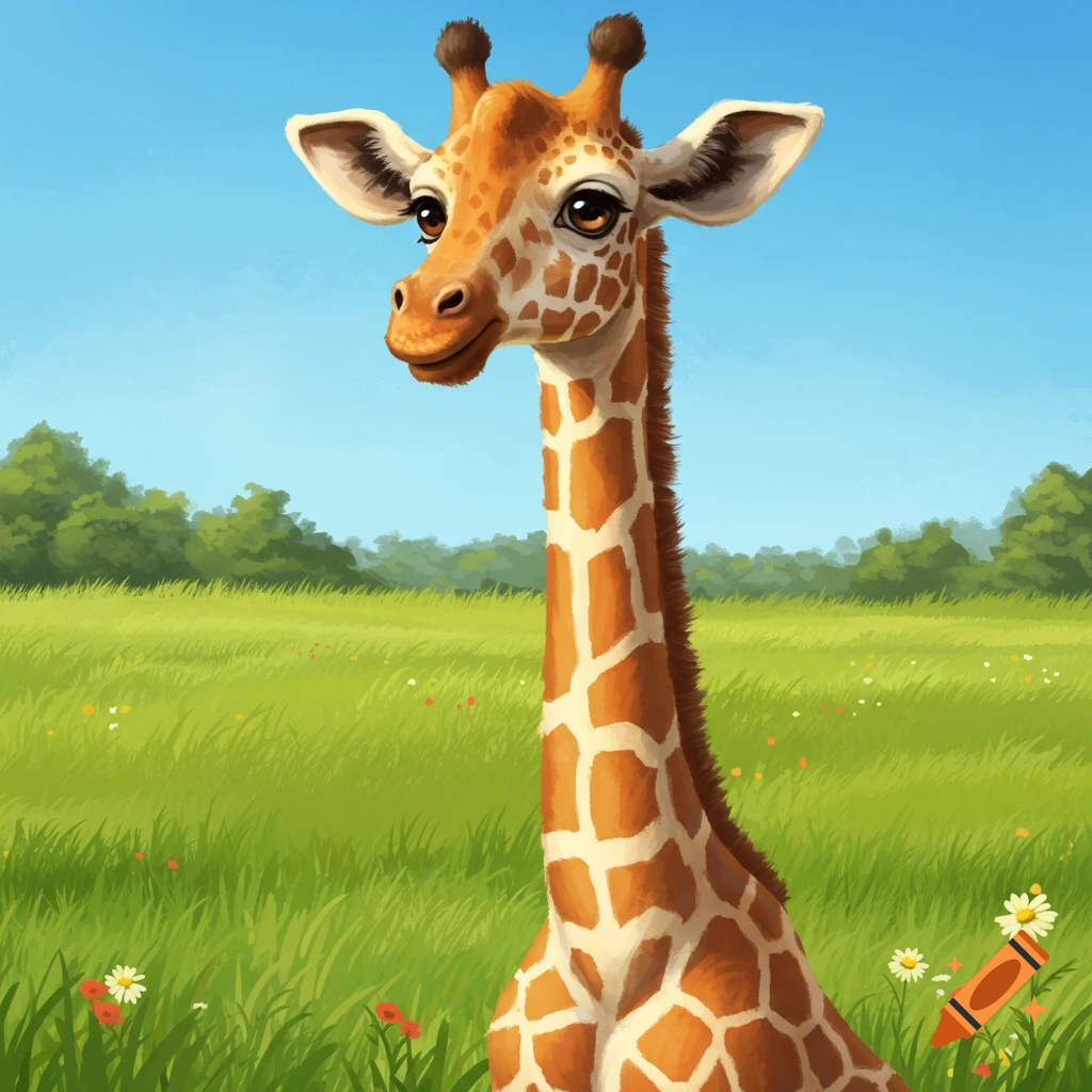 A cartoon giraffe in a sunny field