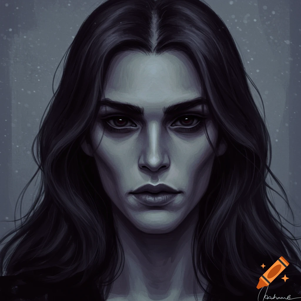 Painting of an androgynous person with long dark hair and dark eyes.