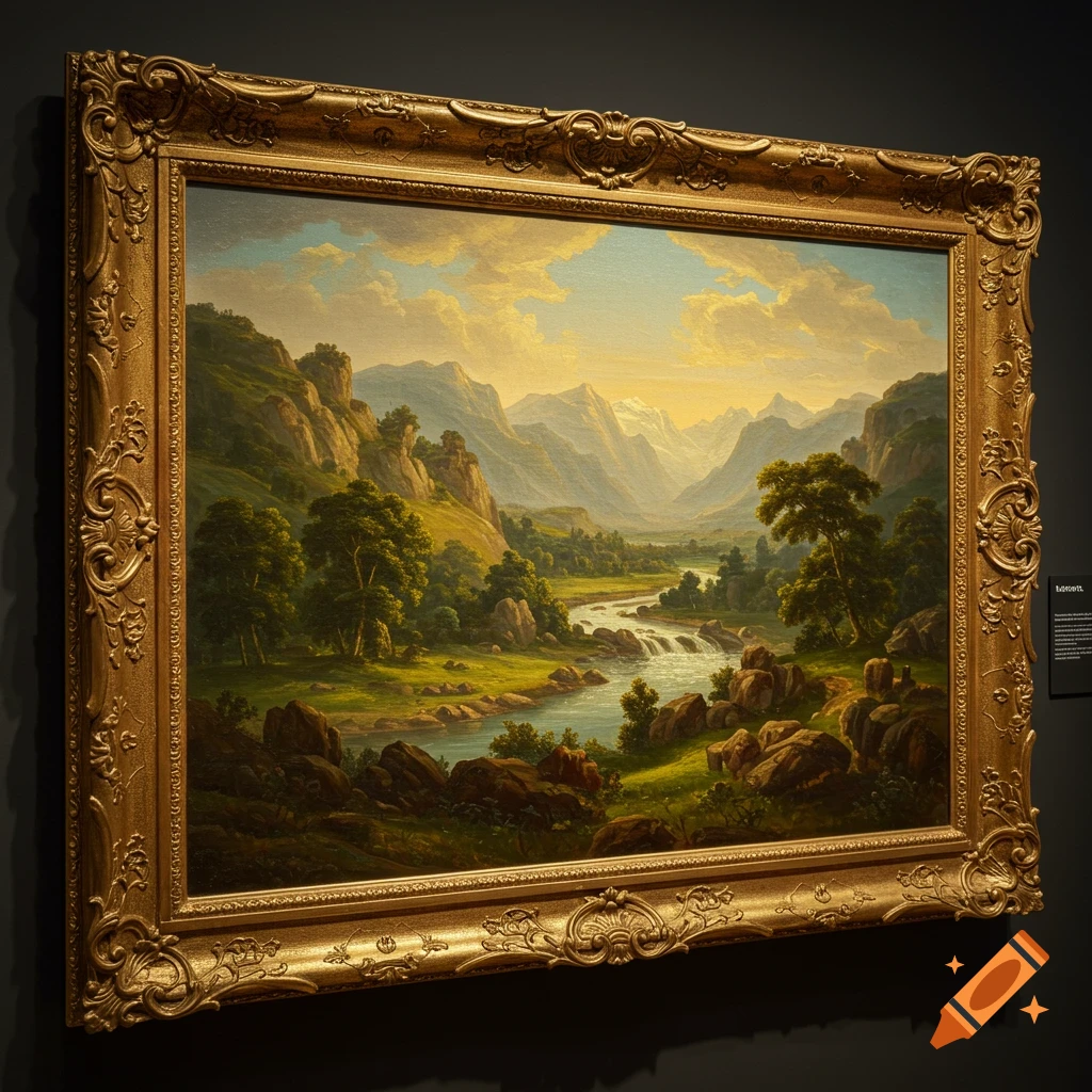 A landscape painting depicting mountains, a river, and trees, displayed in a ornate golden frame in a museum.