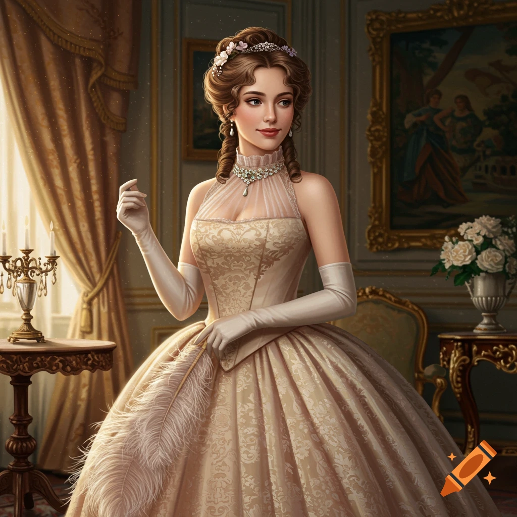 An elegant 19th-century lady in a gold dress, long gloves, holding a feather in a room with rich curtains and paintings.