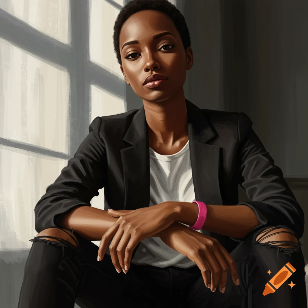 A young woman in a black jacket and ripped jeans sits by a sunlit window.