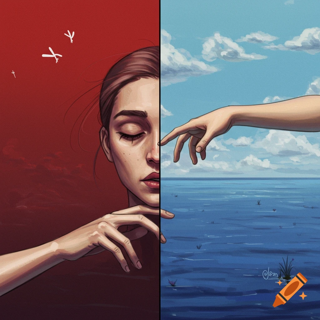 Split image with woman's face on red side and hand reaching from blue side.