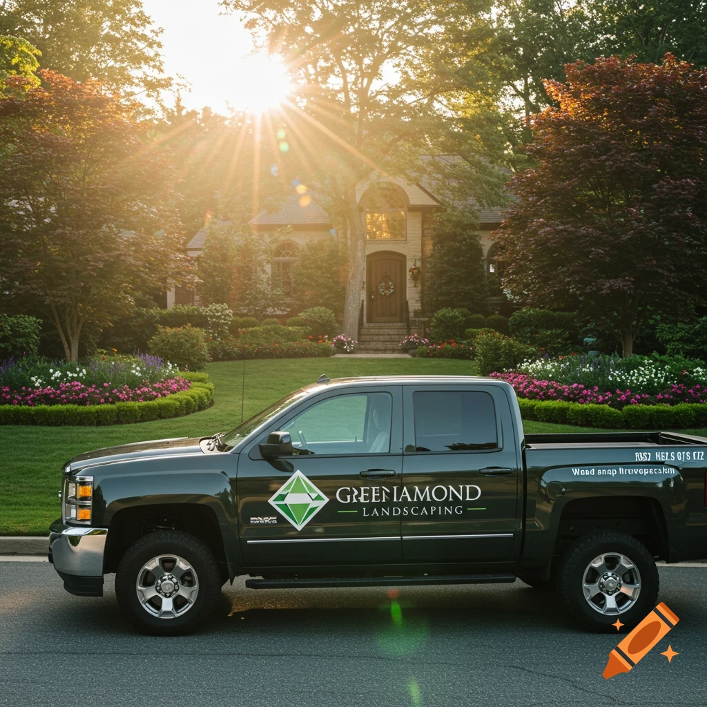 A dark pickup truck with 'Green Diamond Landscaping' logo parked in front of a large house and landscaped garden at sunset. Photorealistic.
