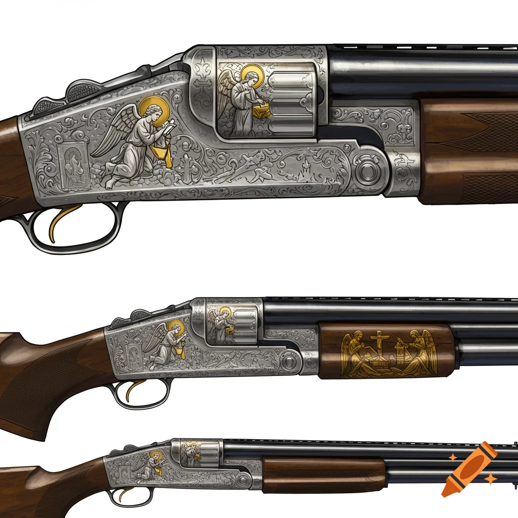 Close-up of an ornate over-and-under shotgun with detailed gold ...