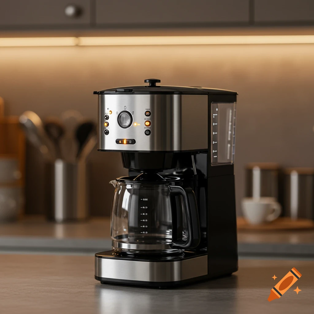 A black and silver coffee maker sits on a kitchen counter.