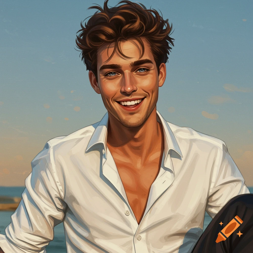 A smiling man with brown hair and blue eyes, wearing a white shirt.