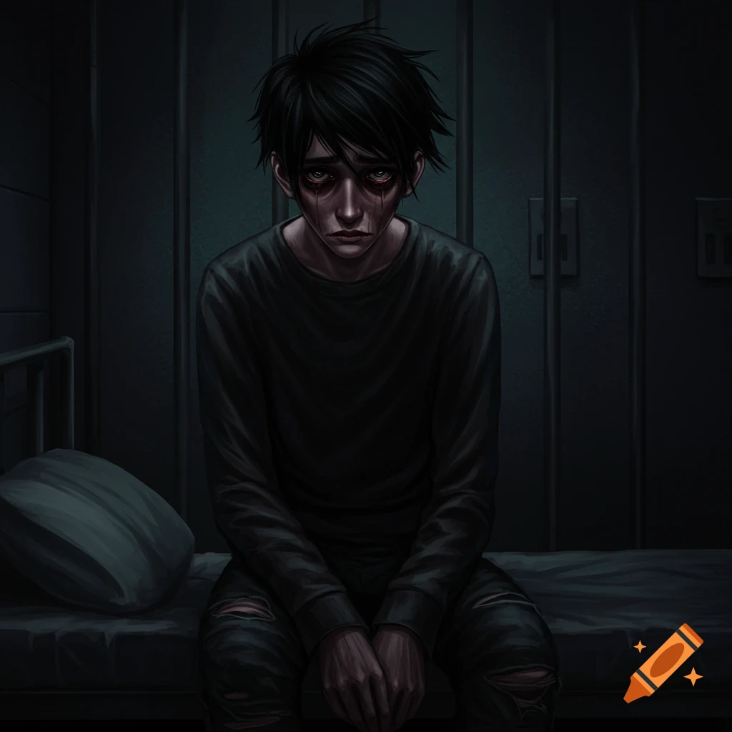A sad young man is sitting on a bed in a dark jail cell.
