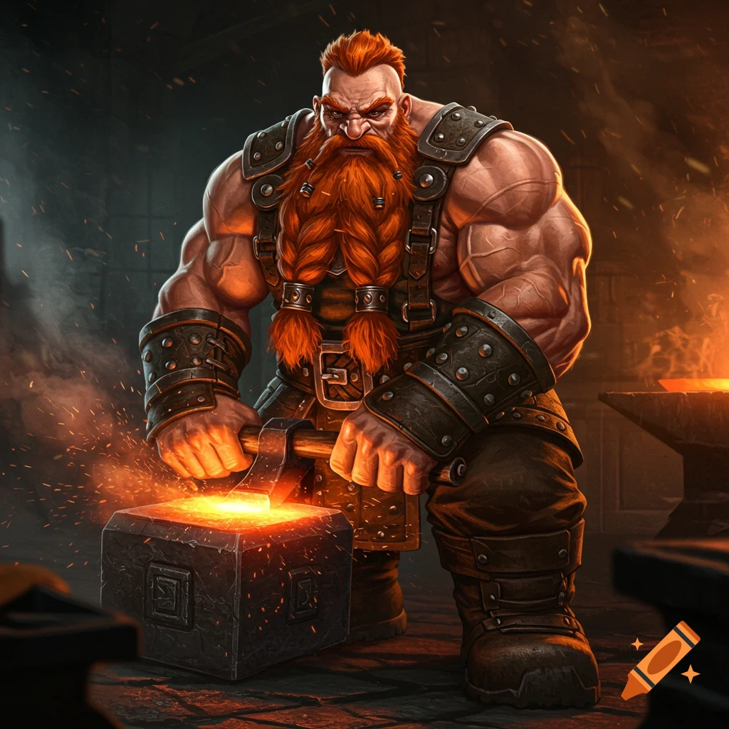 Muscular fantasy dwarf blacksmith with red braided beard, hammering glowing metal on an anvil.