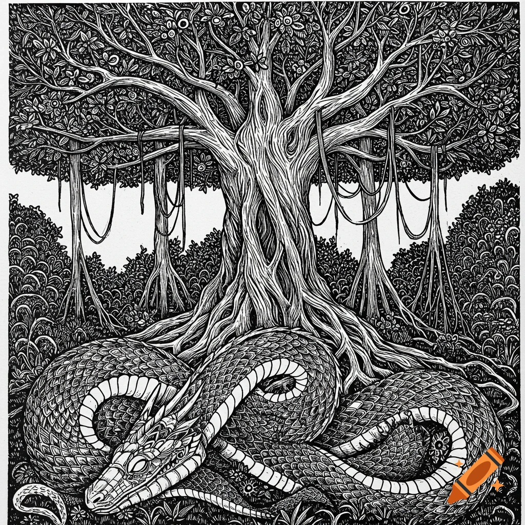 A huge serpent sleeps coiled at the base of a large, gnarled tree in a detailed black and white woodcut style.