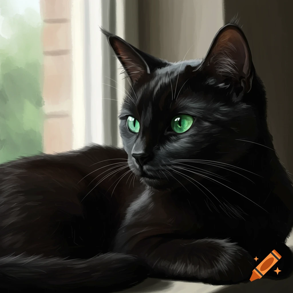 A black cat with green eyes looking left, sitting by a window.