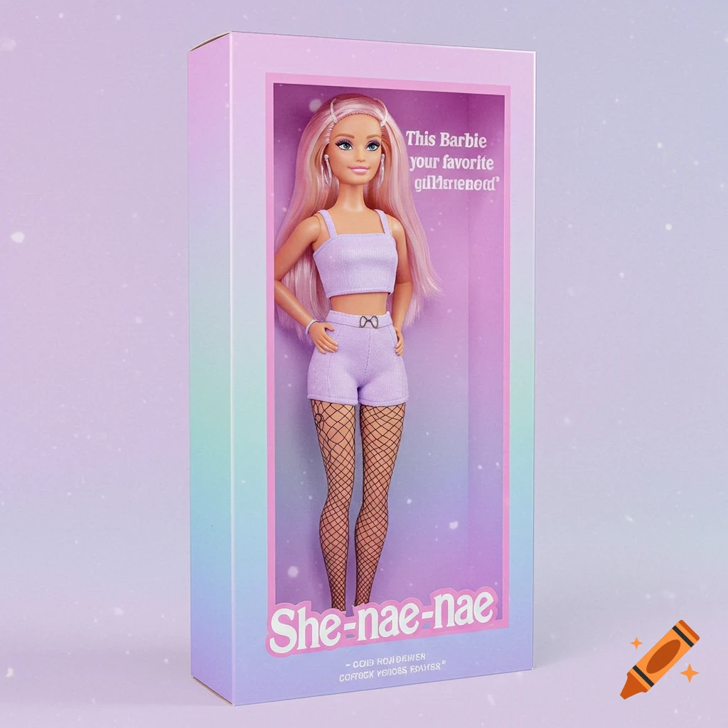 A Barbie doll in a purple outfit and fishnet stockings in a pastel box that reads 'She-nae-nae' and 'This Barbie your favorite girlfriend'.