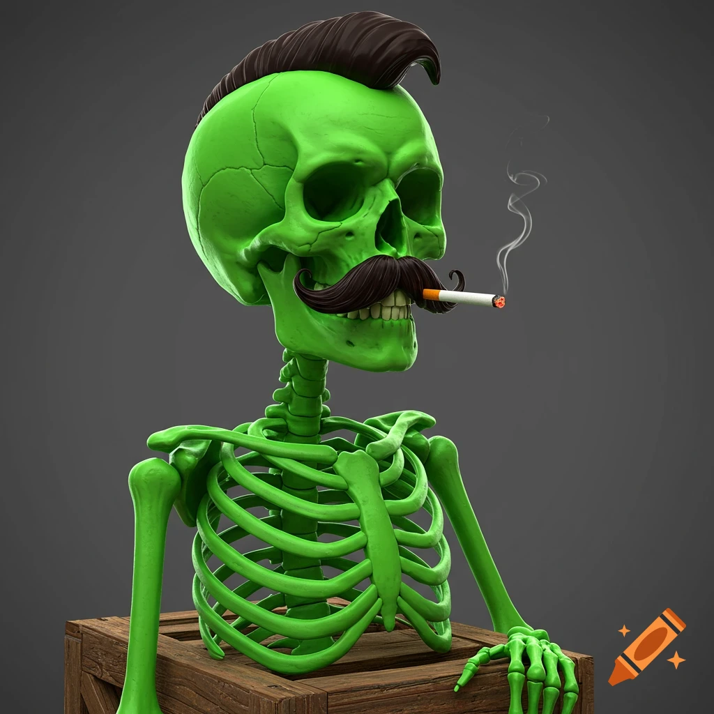 A green skeleton with a mustache smokes a cigarette while sitting on a wooden crate.