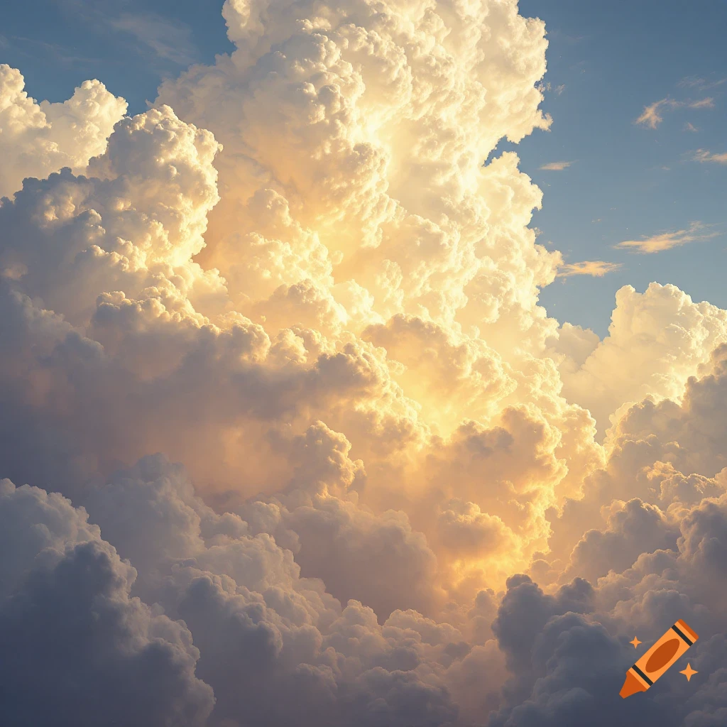 Dramatic sunlit clouds fill a blue sky.