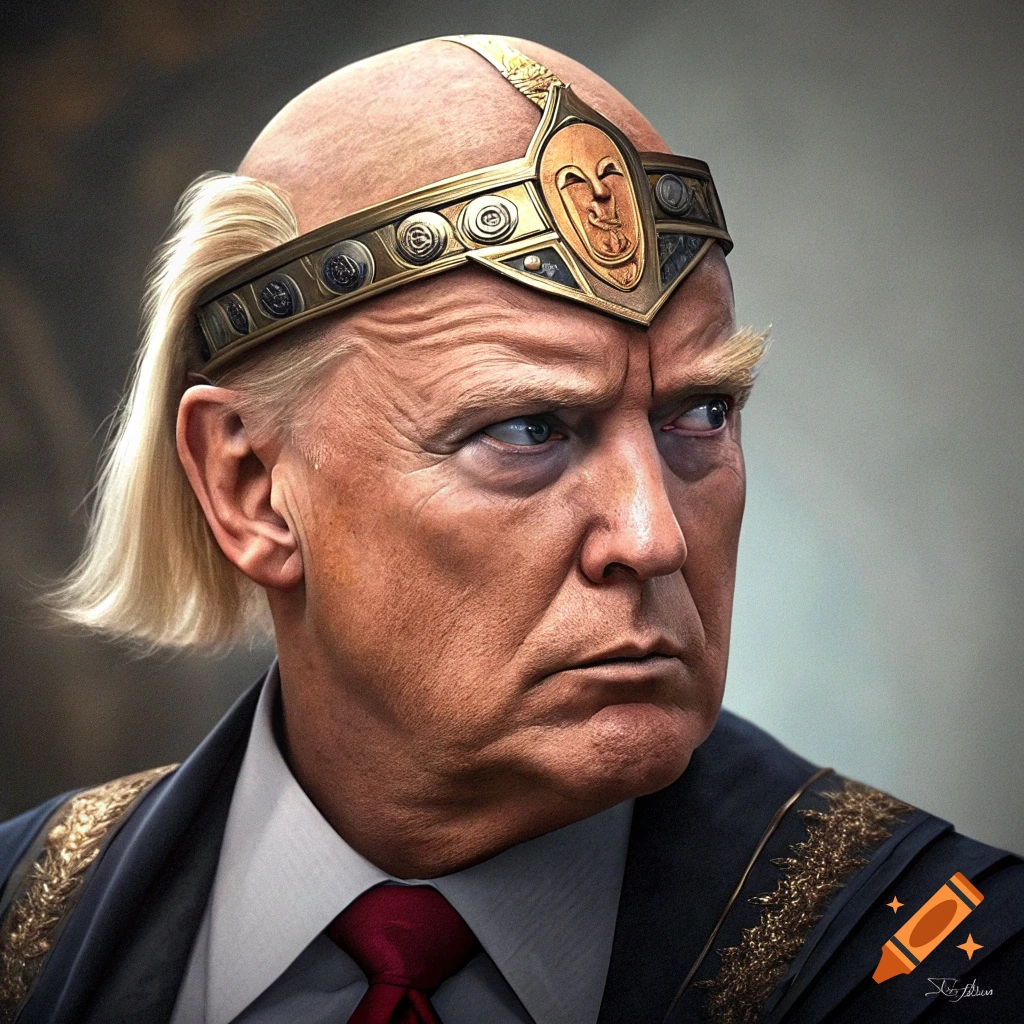 A photorealistic portrait of a man resembling Donald Trump wearing a golden, ornate headpiece and dark clothing.