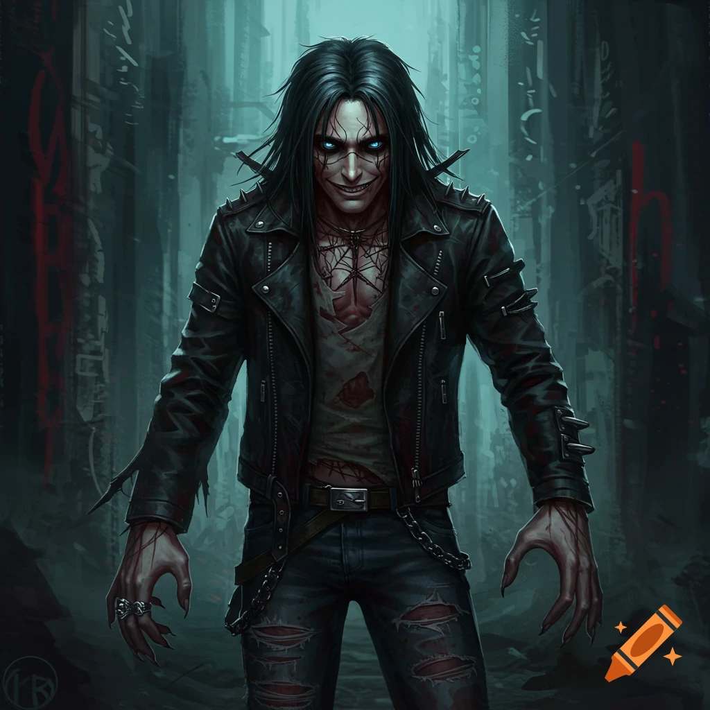A freaky character with glowing eyes, sharp claws, and ripped clothes standing in a dark alley.
