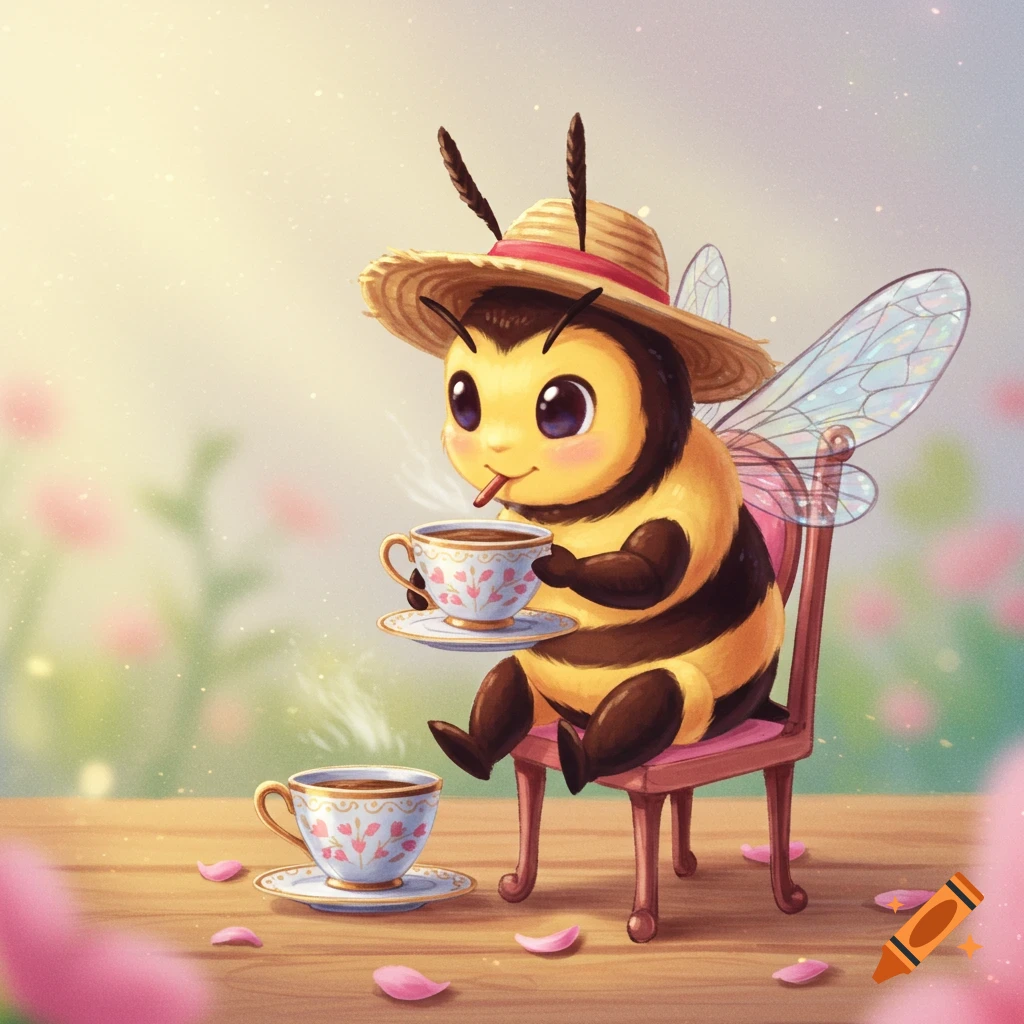 Cartoon bee in a straw hat sitting on a chair and holding a teacup
