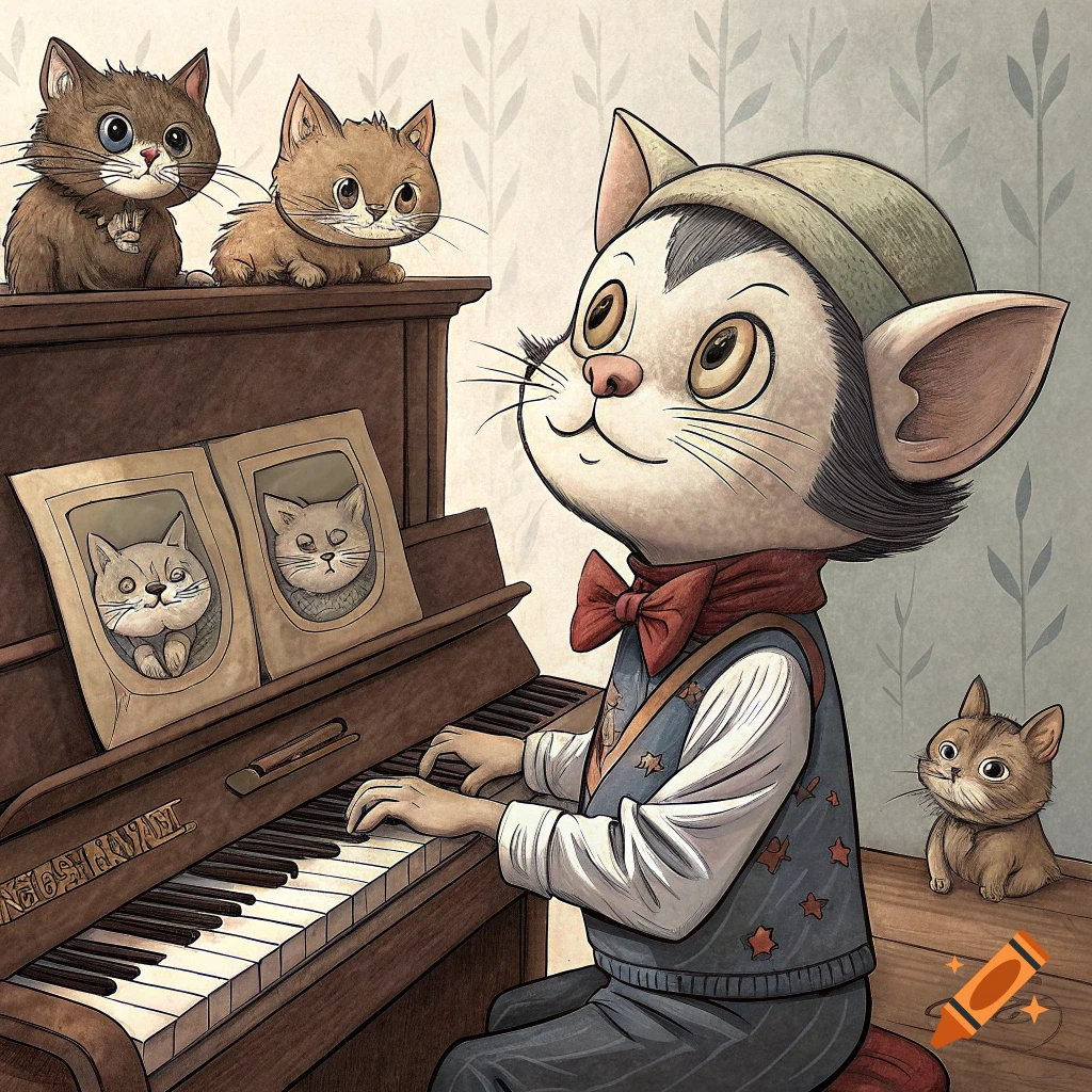 Cartoon cat playing piano while other cats watch