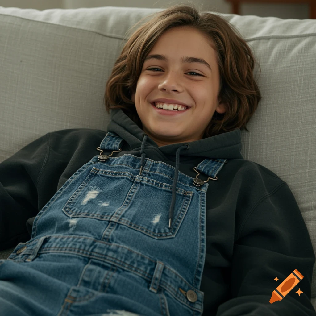 A smiling preteen boy in a hoodie and denim overalls lies casually on a couch.