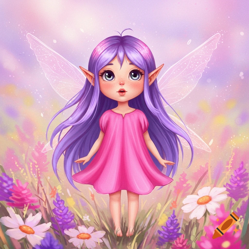 A cute cartoon fairy with purple hair and a pink dress stands in a field of colorful flowers.