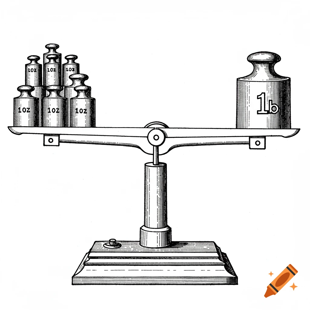 Black and white drawing of a balance scale with weights on each side.