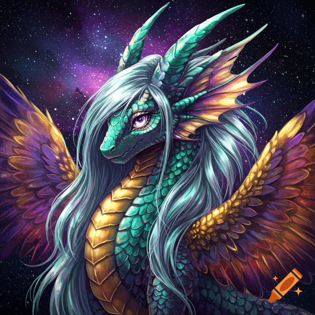 Colorful fantasy dragon with wings and long white hair against a starry galaxy background.