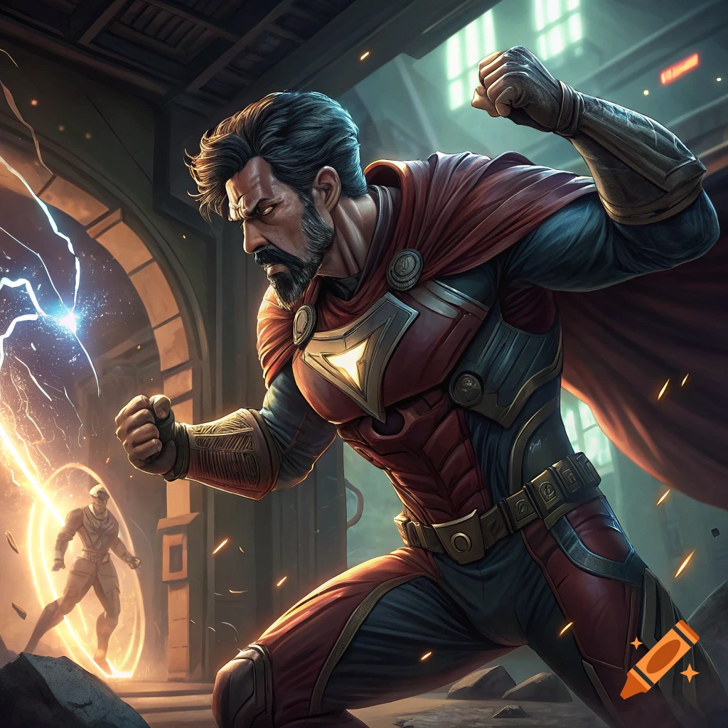 Superhero in red suit and cape in a dynamic pose with energy effects, facing a smaller figure in the background.