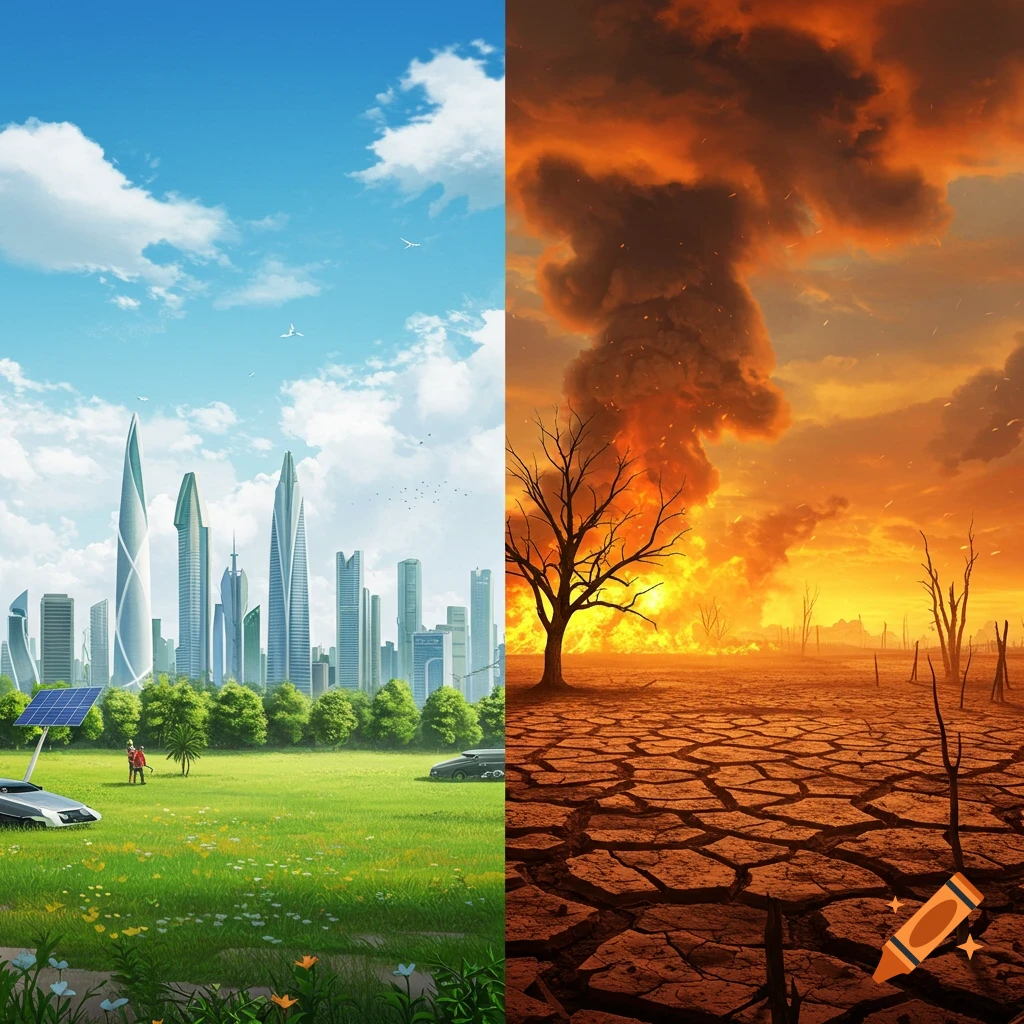 Split image showing a green futuristic city beside a fiery, cracked wasteland.