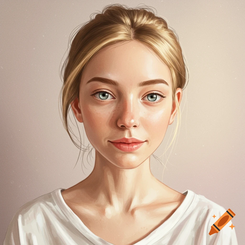 Portrait of a young woman with blonde hair and blue eyes wearing a white shirt.