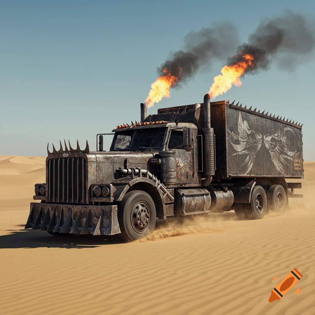 A rusty, spiked semi-truck with flaming exhausts drives through a sandy desert.
