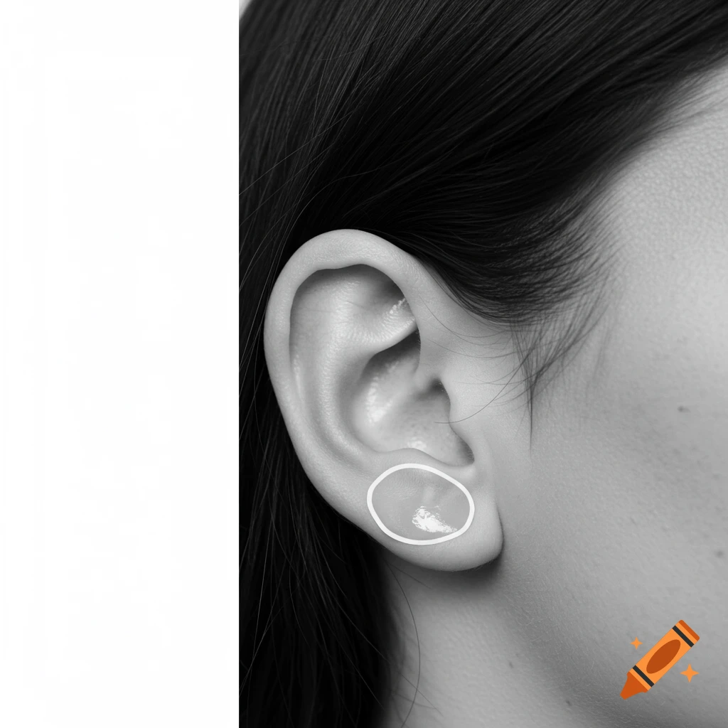 Close-up black and white illustration of an ear with a white circle on the lobe.