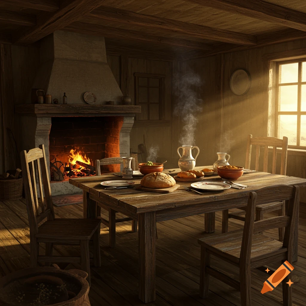 Rustic dining table set with food in a room with a fireplace, illuminated by sunlight.