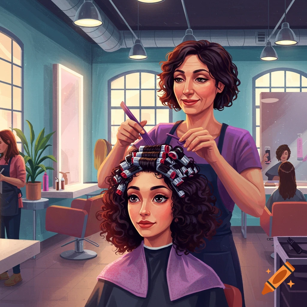 Stylist setting a client's curly hair in perm rods at a salon.