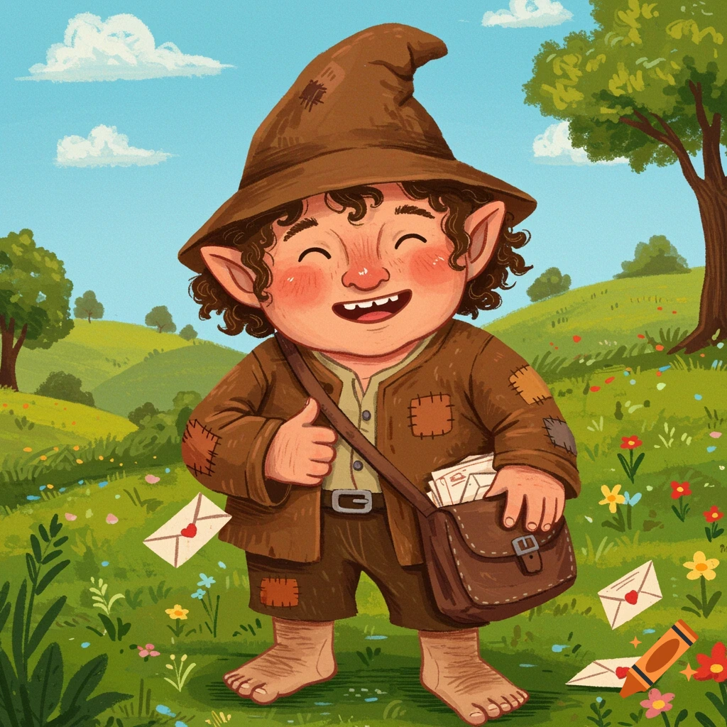 A whimsical illustration of a hobbit mailman with a satchel of letters walking in a meadow.