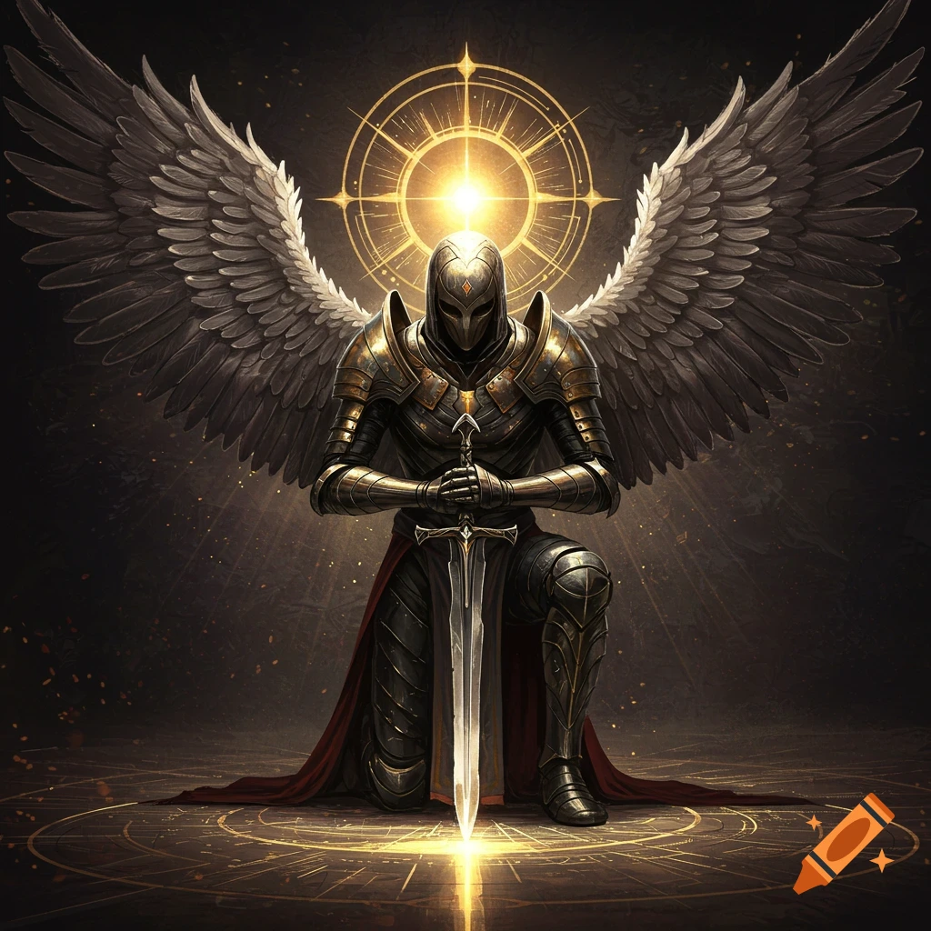 Cyberpunk paladin with wings kneeling with a sword.