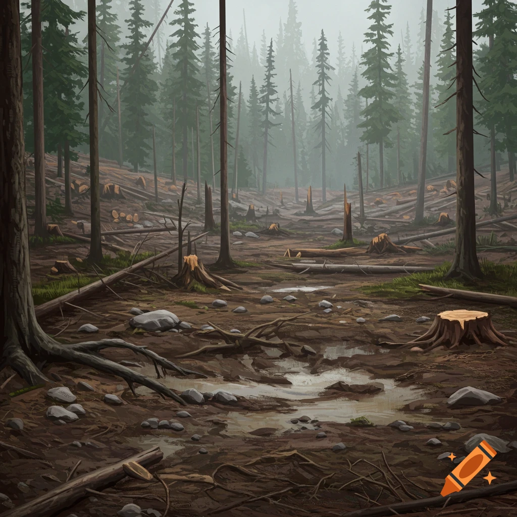 A clear-cut forest with tree stumps, fallen logs, and misty trees in the background.