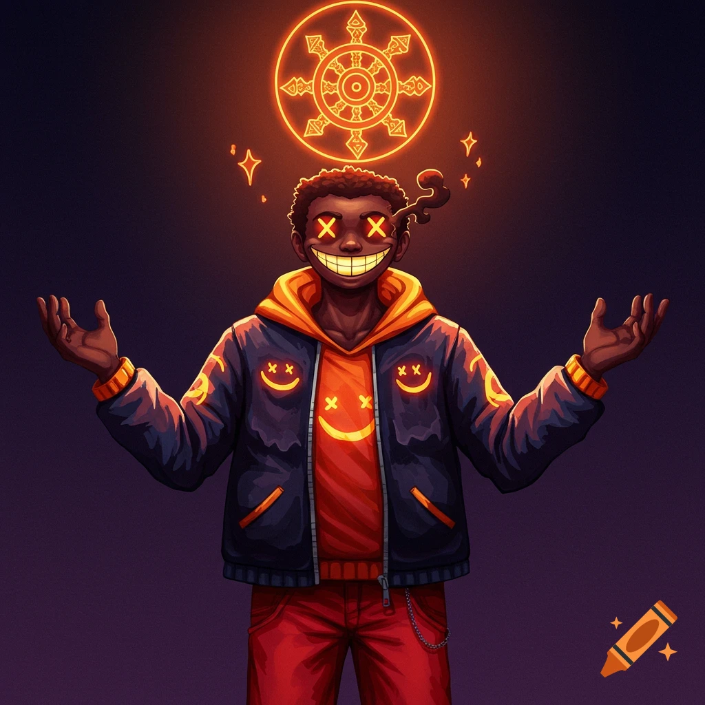 Stylized illustration of a character with X eyes and a grin, wearing a jacket with smile icons, red pants, and a glowing orange symbol.