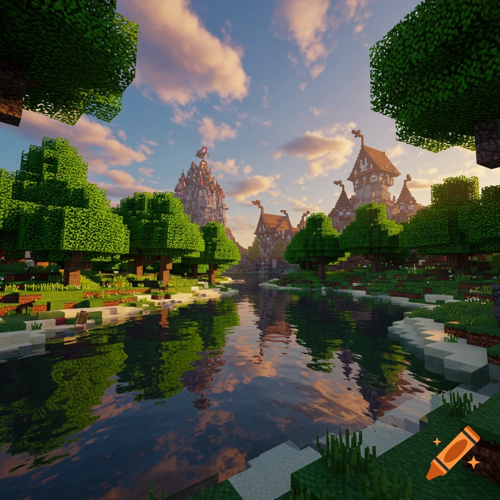 Blocky landscape in Minecraft style with a river reflecting the sky and buildings on the far bank, realistic lighting effects.