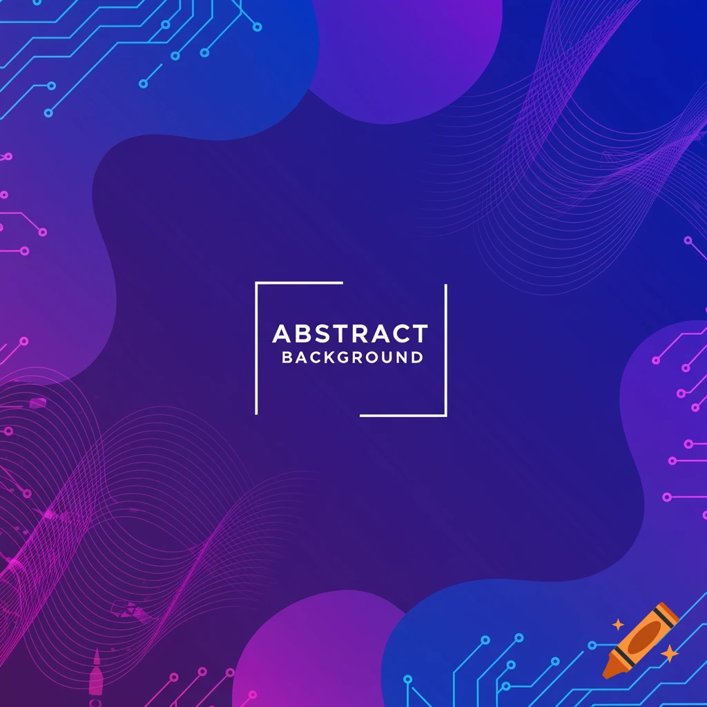 Abstract background with blue and purple gradients, circuit patterns, wavy lines, and the text 'ABSTRACT BACKGROUND'.