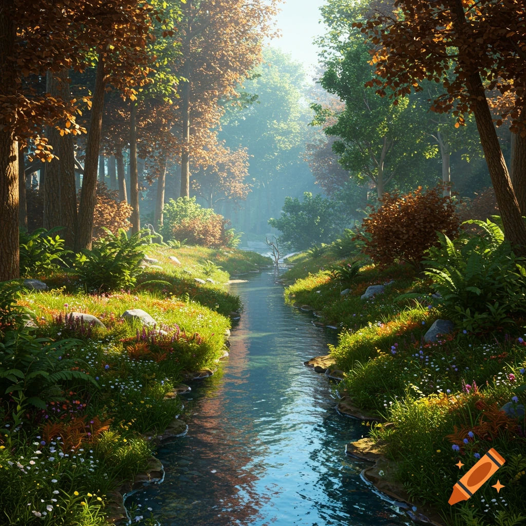 A sunlit forest with a winding stream.